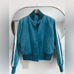 Women's Suede Bomber Jacket Blue with White Stripes Size M